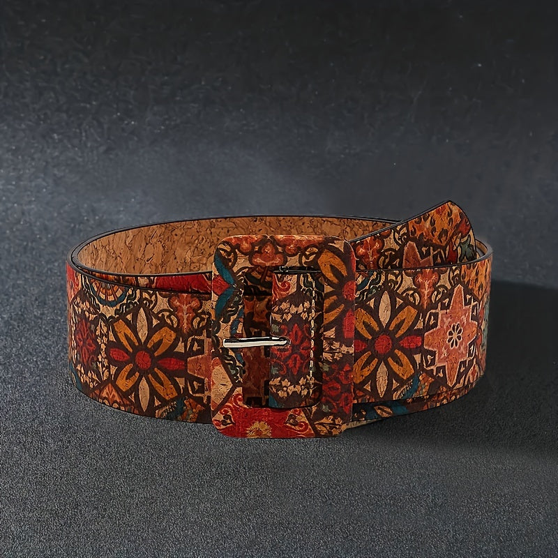 Women's Boho Vintage Flower-Printed PU Belt with Pin Buckle for Jeans