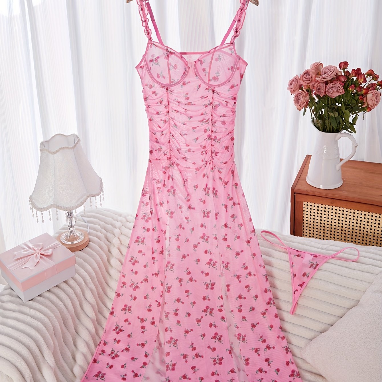 Women's Sleepwear Set with Floral Print, High Slit, Ruched Details, Knit Fabric