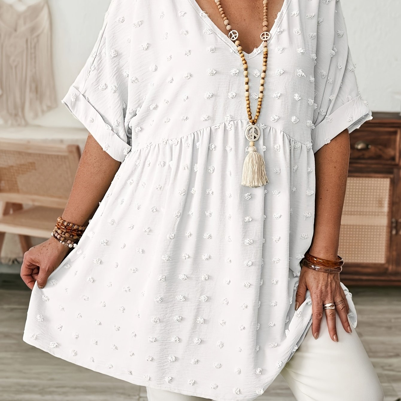 Plus Size Women's V-Neck Batwing Sleeve Blouse Breezy Lightweight Top