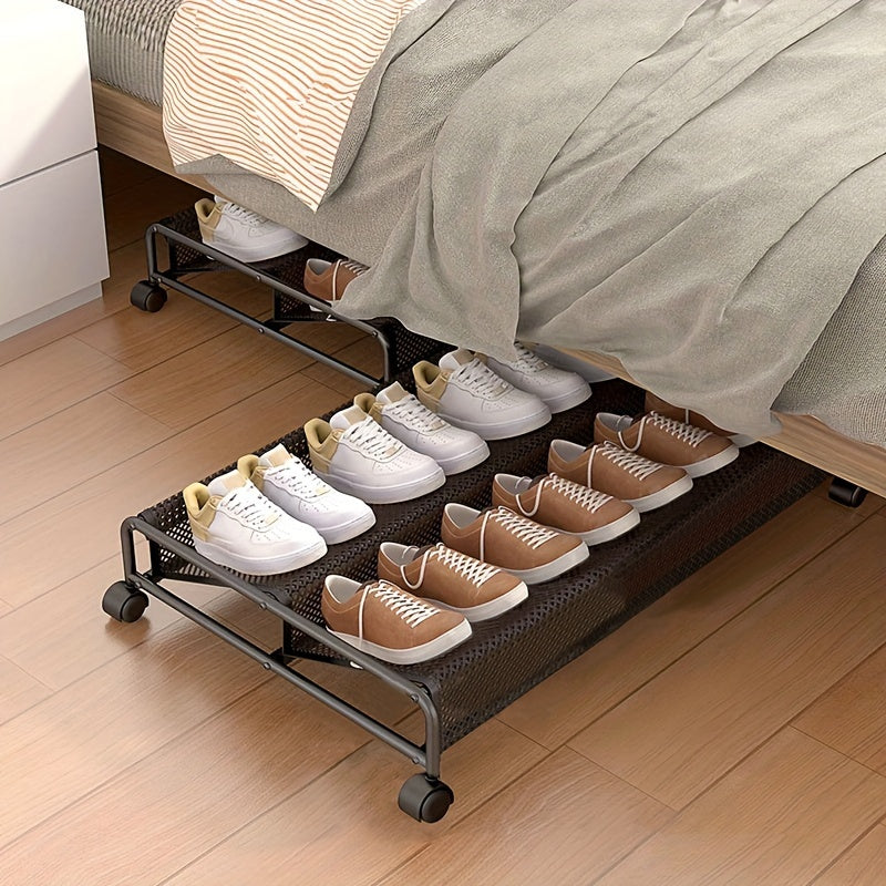 Zapatero bajo la cama con ruedas giratorias de 360° y organizador de metal para dormitorio, residencia, hogar