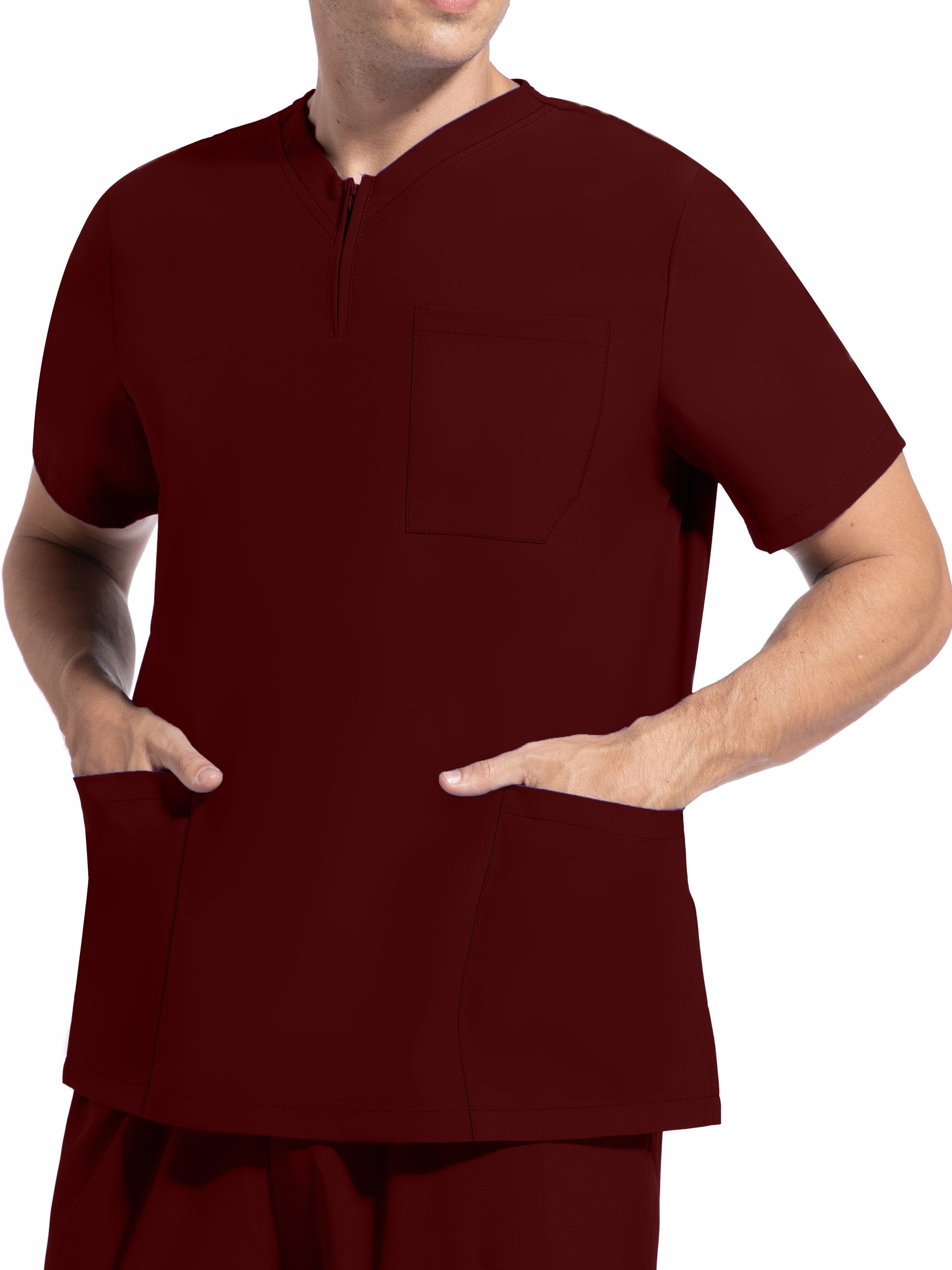 Men's Short Sleeve Stretch Work Uniform Lab Shirt with Pockets V-Neck Polyester