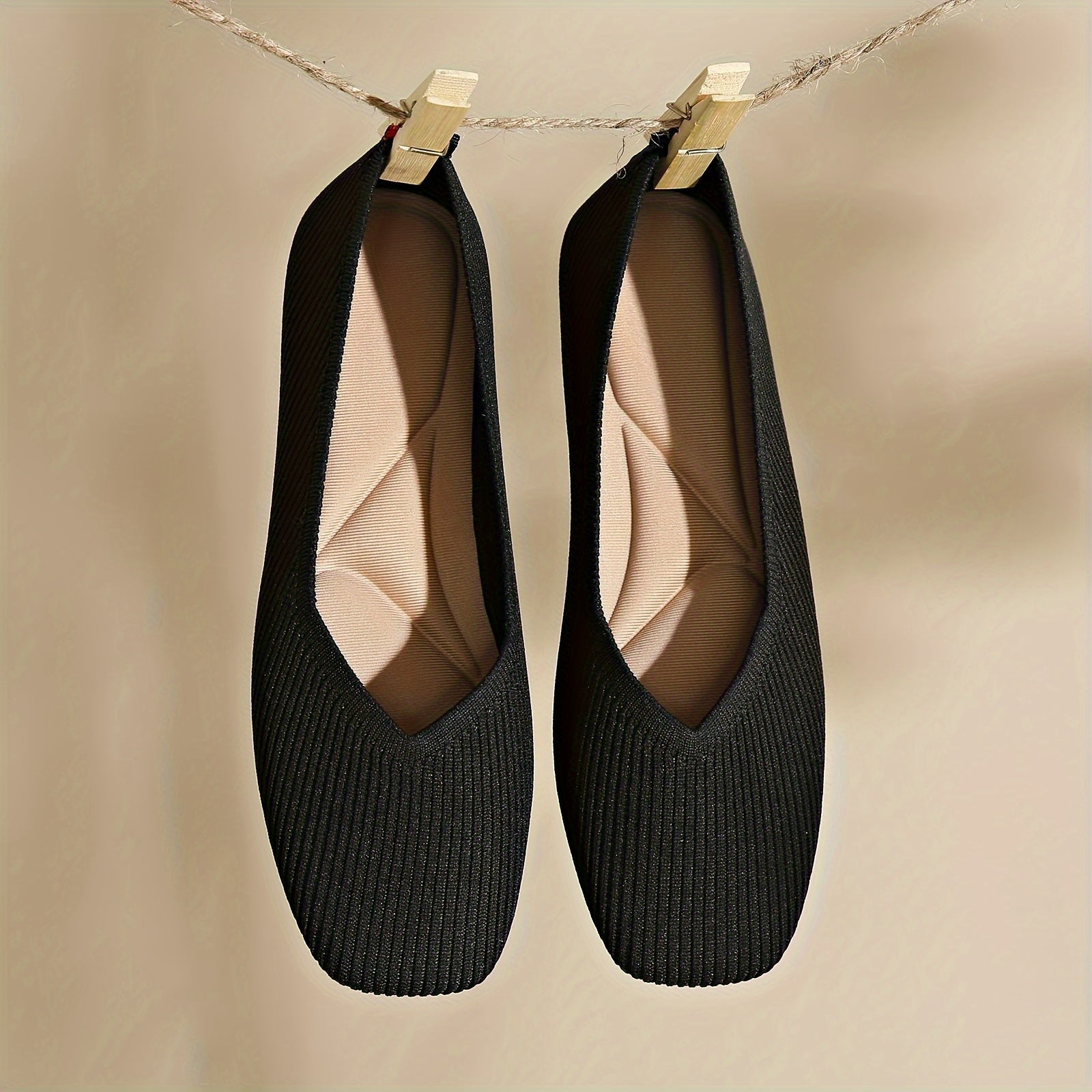 Zapatos planos de punto transpirable para mujer con punta cuadrada y estilo slip-on