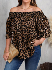 Женская блузка больших размеров с открытыми плечами с леопардовым принтом, рукава-колокольчики, летняя топ