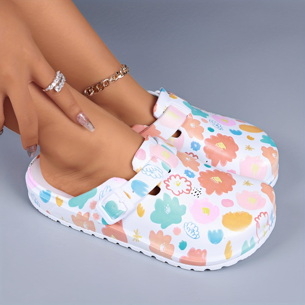 Women’s Floral Print Closed Toe Mules with Adjustable Buckle, EVA Flat Shoes