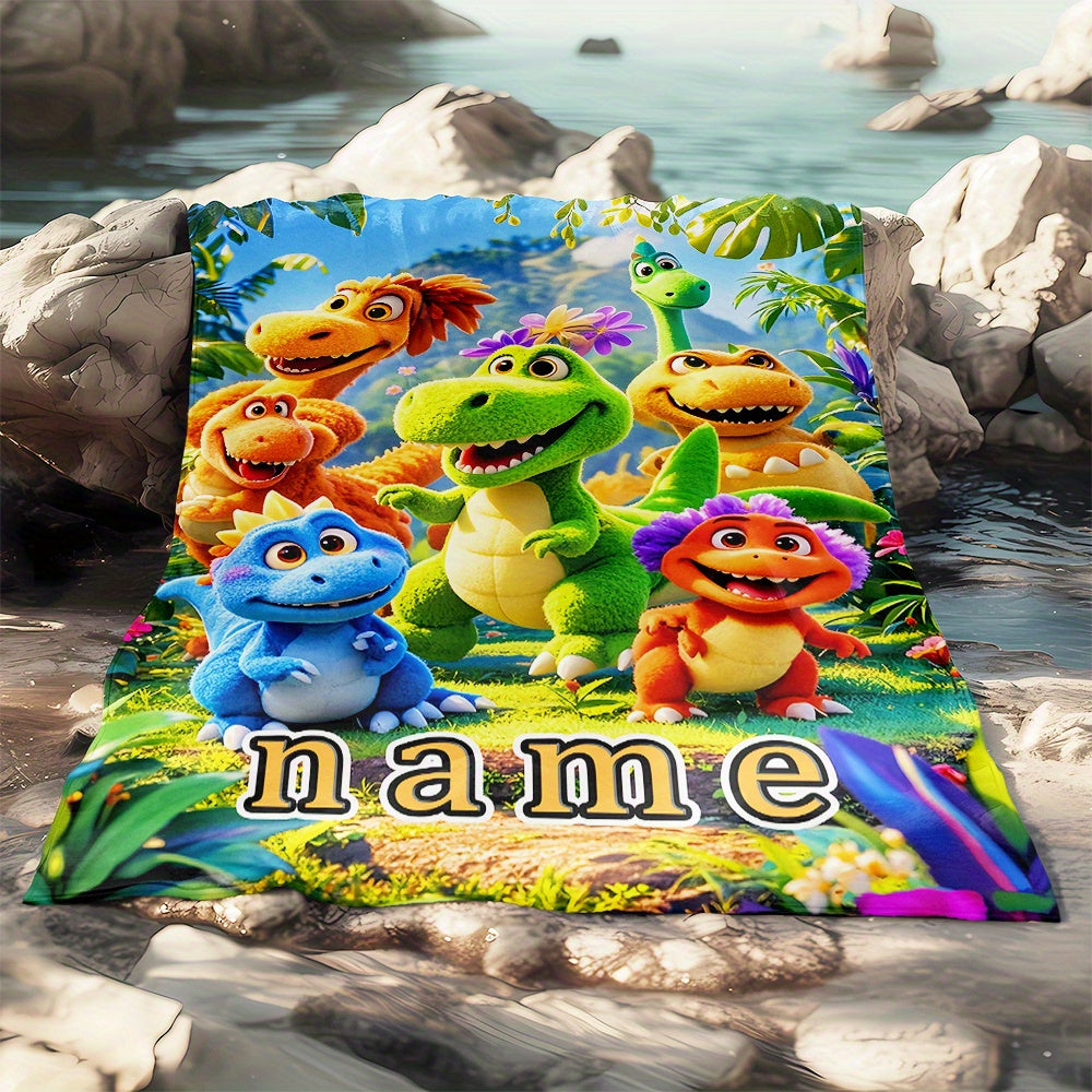 Personalized Fleece Blanket with Custom Name and Cartoon Dinosaur Print Lightweight Flannel Throw for Sofa Bed Travel Living Room Office
