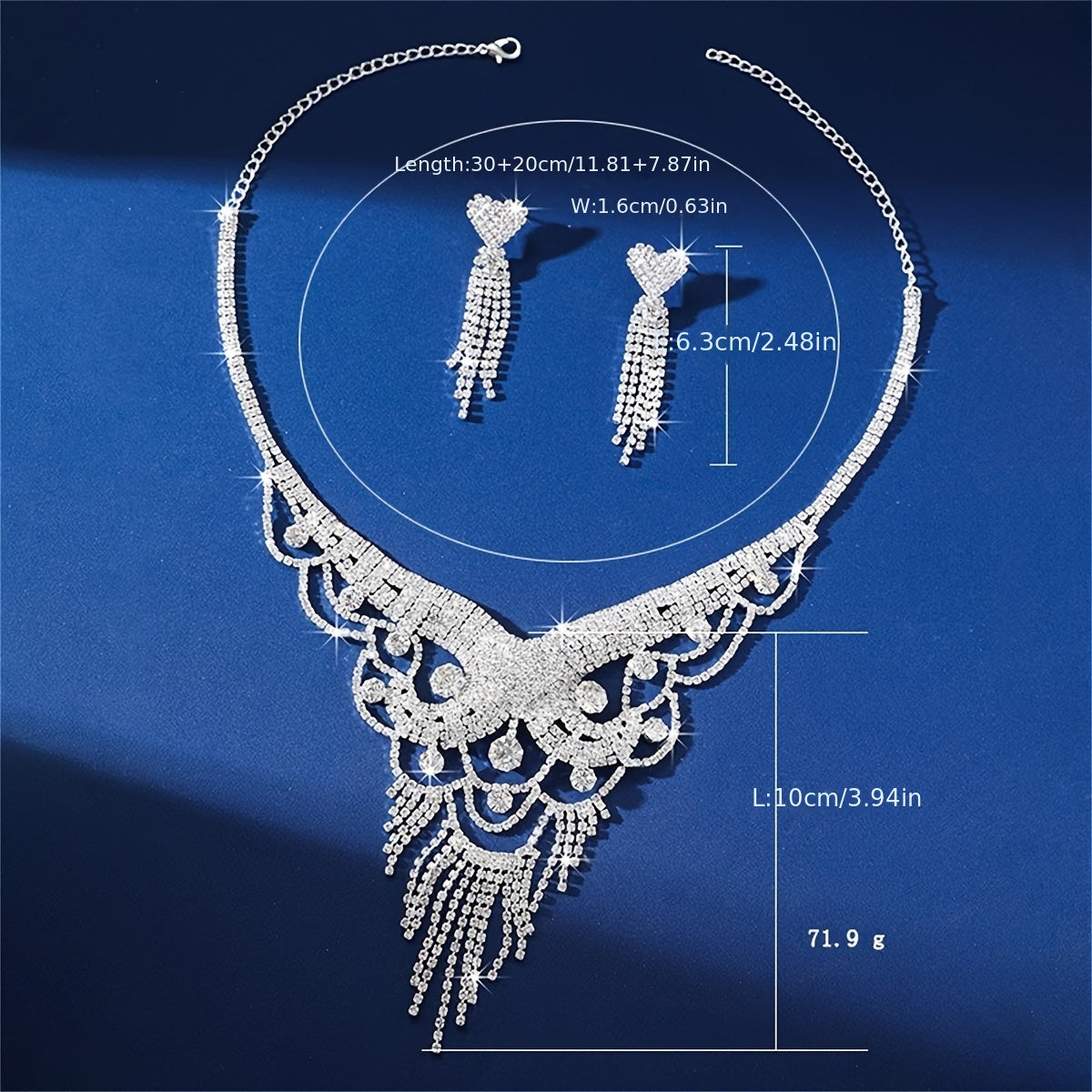 Luxury Silver Tassel Jewelry Set with Rhinestone Earrings for Women
