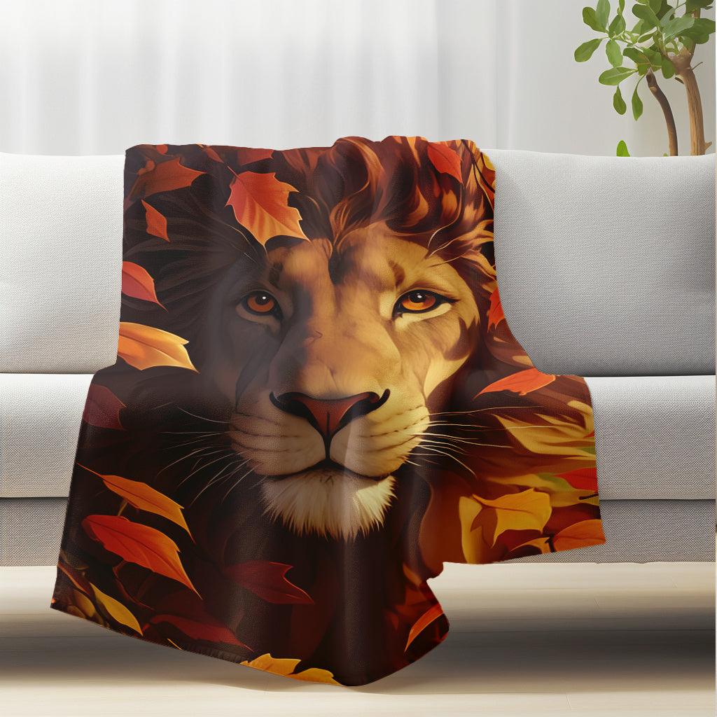 Autumn Lion Portrait Flannel Throw Blanket Soft Warm Anti-Tear Digital Print