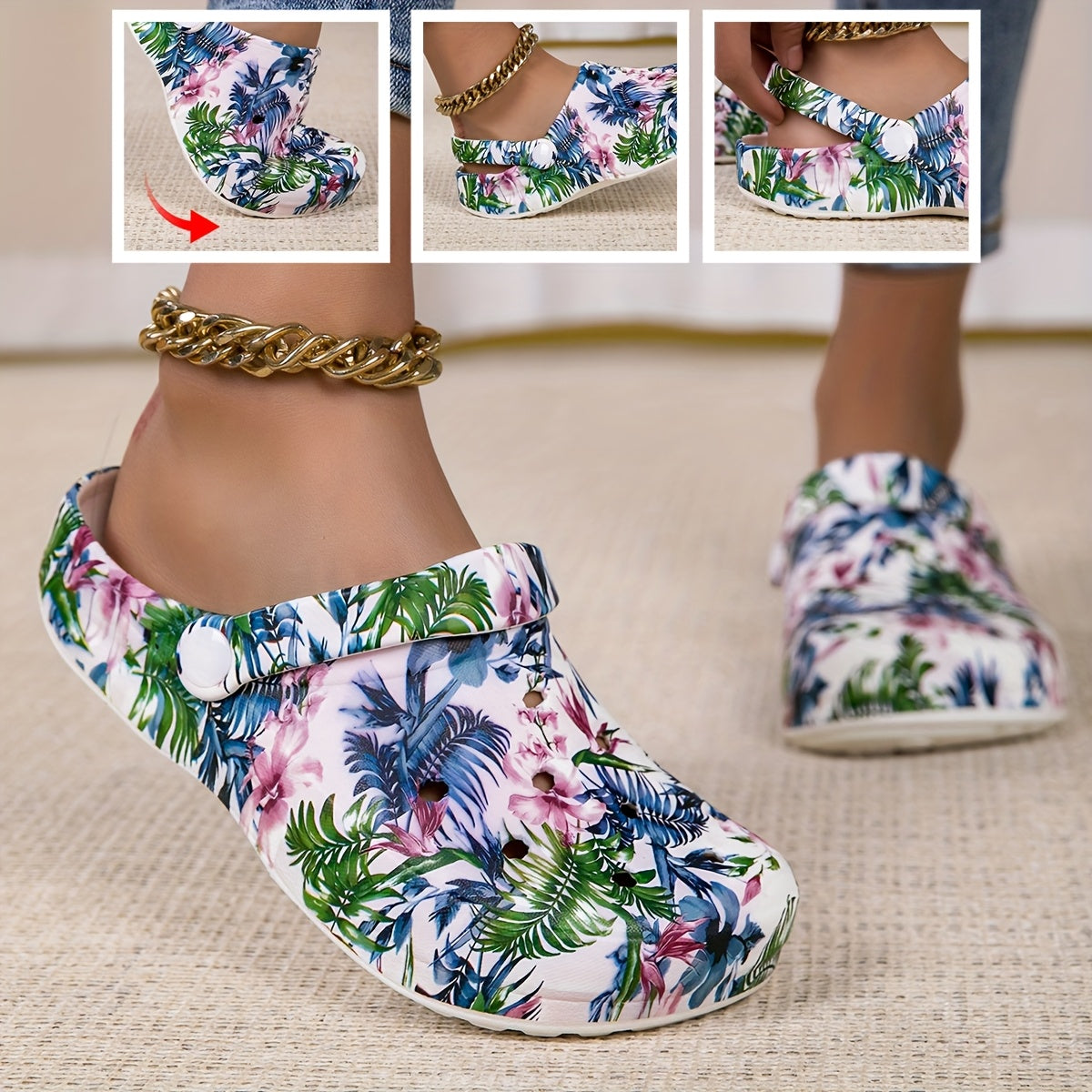 Women's Lightweight EVA Slip-On Shoes with Tropical Floral Print Blue Pink Green