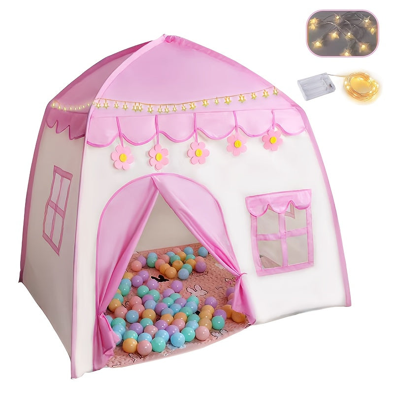 Pink Kids Play Tent Indoor Outdoor with Star Lights and Pink Flower Decorations
