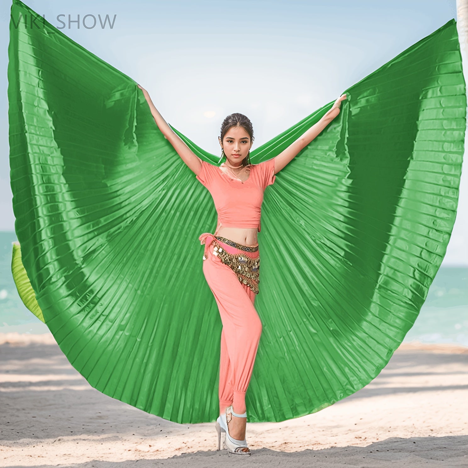 Golden Butterfly Wings Belly Dance Costume with 360° Cape Telescopic Sticks Fits 61-69 Inches