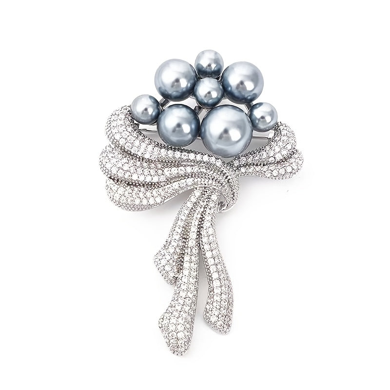 Elegant Rhinestone Faux Pearl Bouquet Brooch Pin with Crystal Flower and Bow