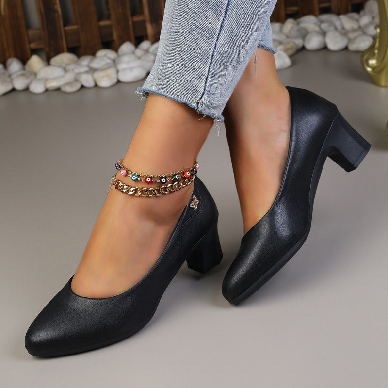Women's Black Formal High Heels with Chunky Block Heel and Non-Slip Sole