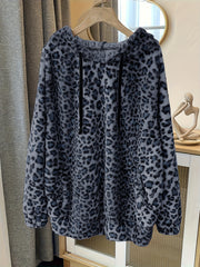 Women's Plus Size Leopard Print Fleece Hoodie with Pockets and Drawstring