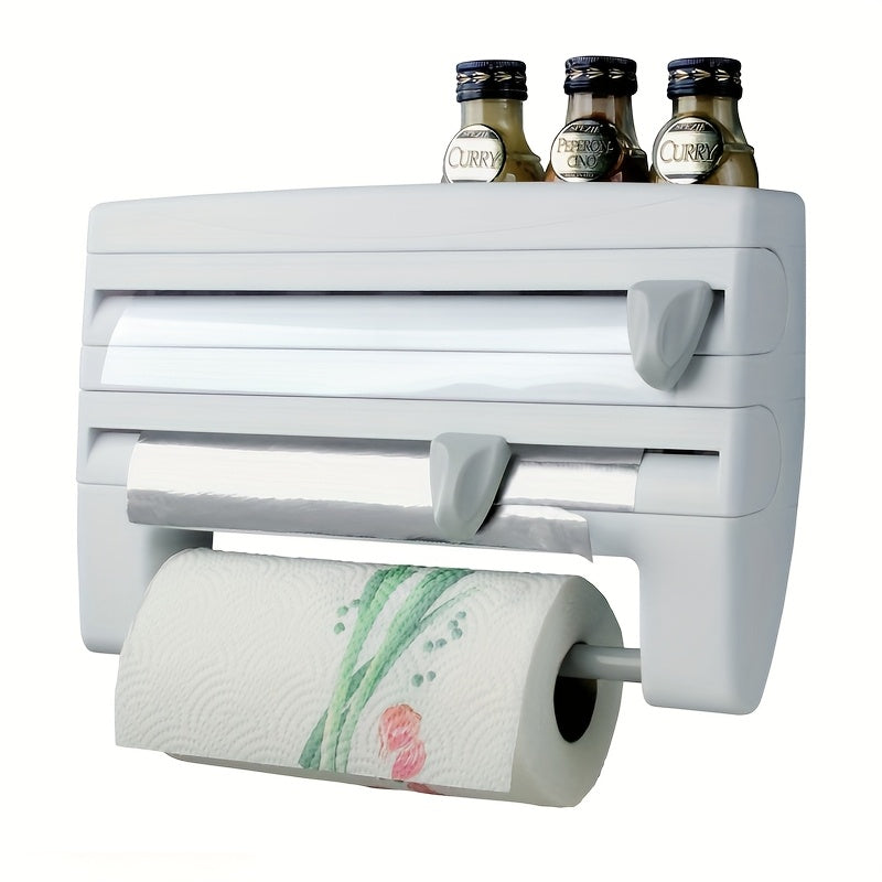 Organizador de cocina de pared con dispensador de film transparente y portarrollos de papel plástico
