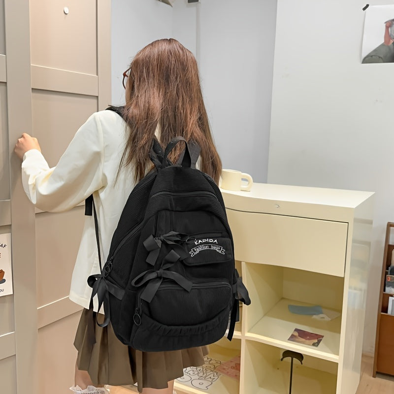 Ayollar uchun 1 dona korduroy bowknot ruksak, shirin uslub, chiziqli dizayn, sozlanadigan yelka tasmalari, noutbuk bo'limi, zip yopilishi, polyester astar, qo'l yuvish/quruq tozalash - Kundalik tasodifiy