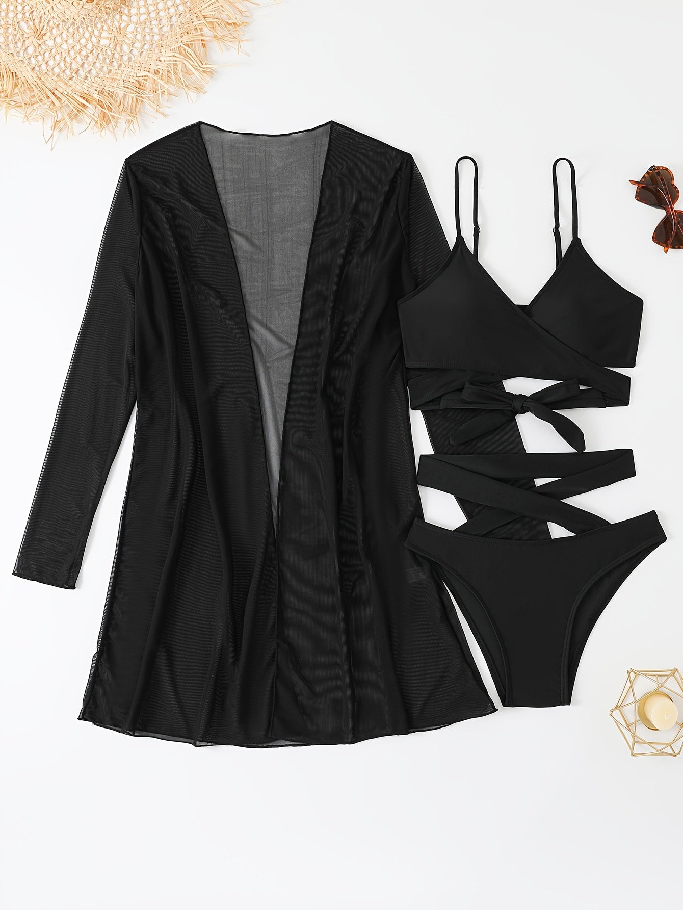 Women's Solid Color High-Waisted Bikini Swimsuit Set with Cover-Up for Sun Protection