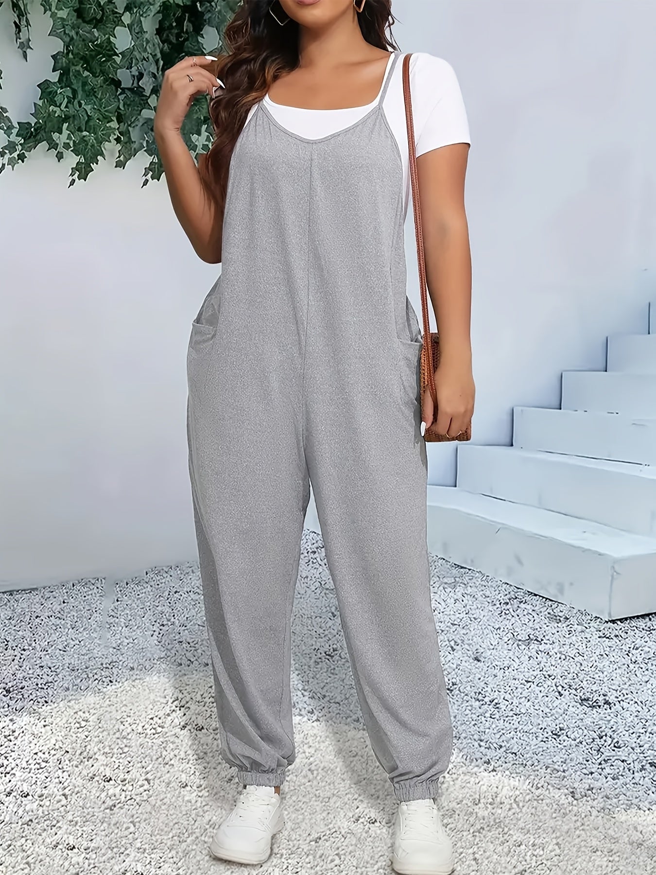 Women's Plus Size Red V-Neck Jumpsuit with Pockets Sleeveless Wide-Leg