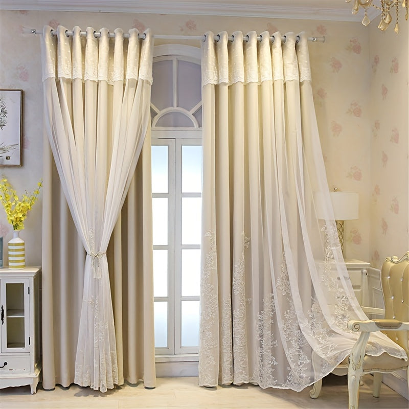 Double Layer Embroidery Curtain with Lace Grommet Top for Bedroom or Living Room Window Treatment