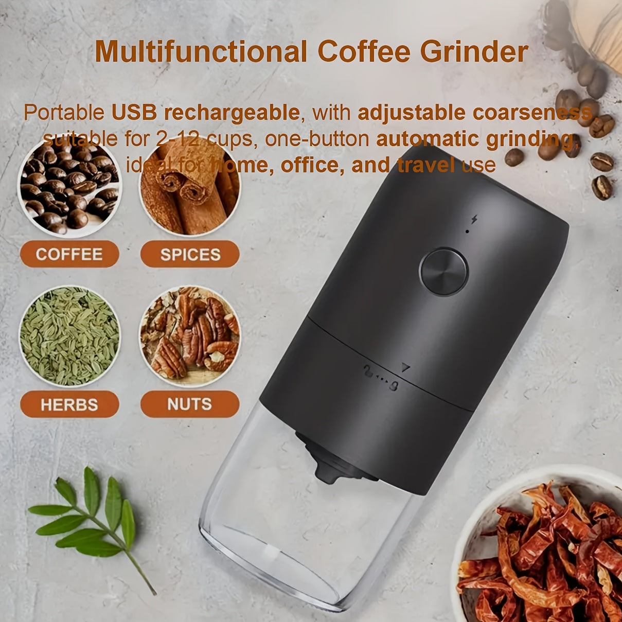 Molinillo de café eléctrico USB ajustable en grosor de molienda para hogar, viaje, camping, oficina duradero ABS