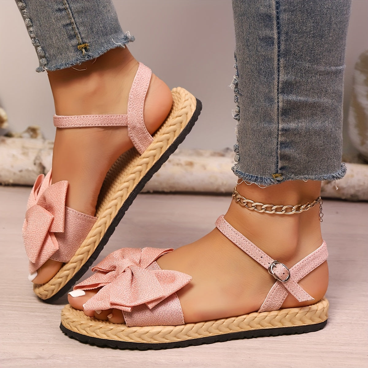 Women's Flat Shoes Open Toe Bow Casual Outdoor Beach