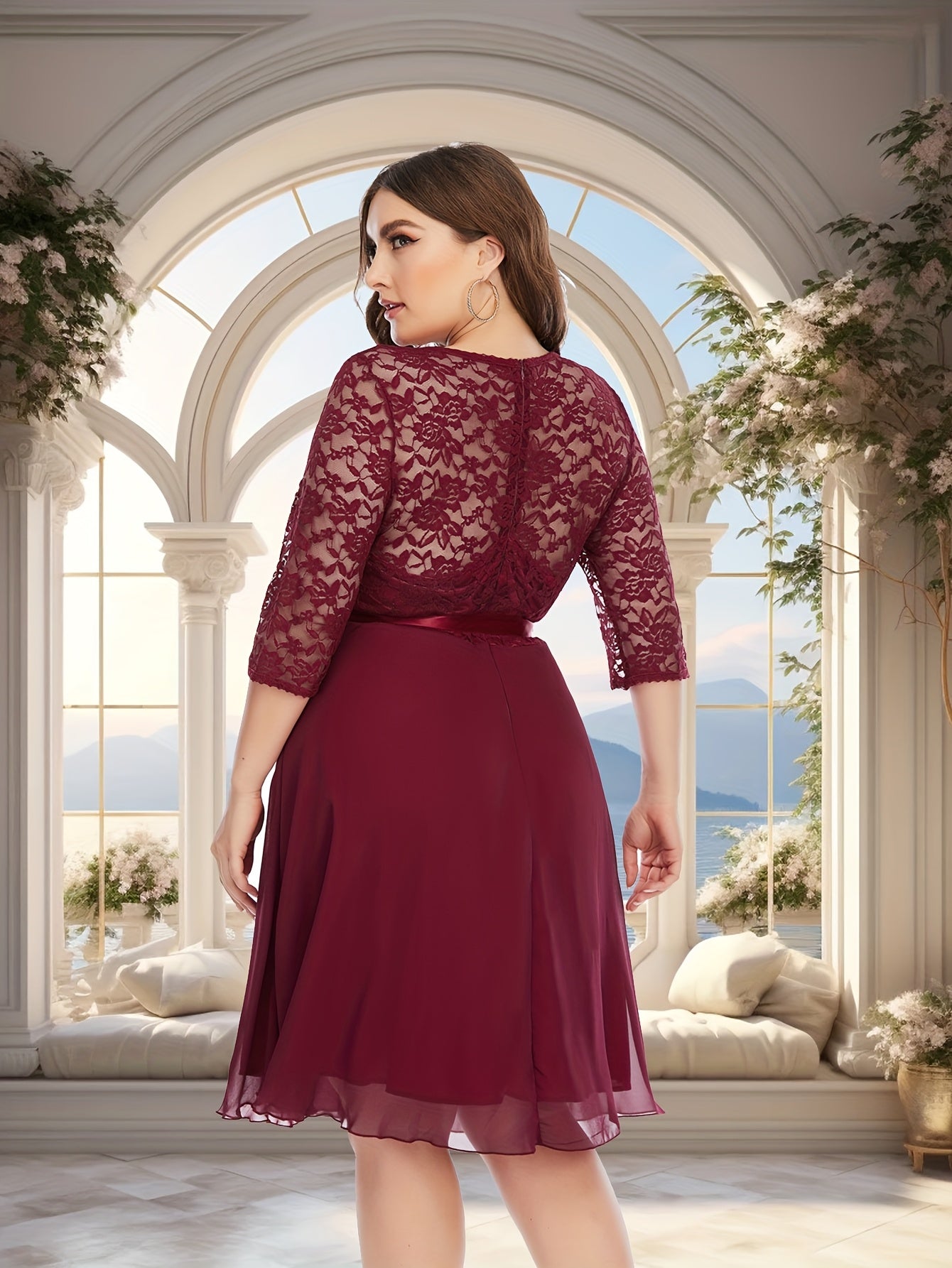 Plus Size Lace Tulle Wedding Dress A-Line Short Sleeve Maroon Formal Gown