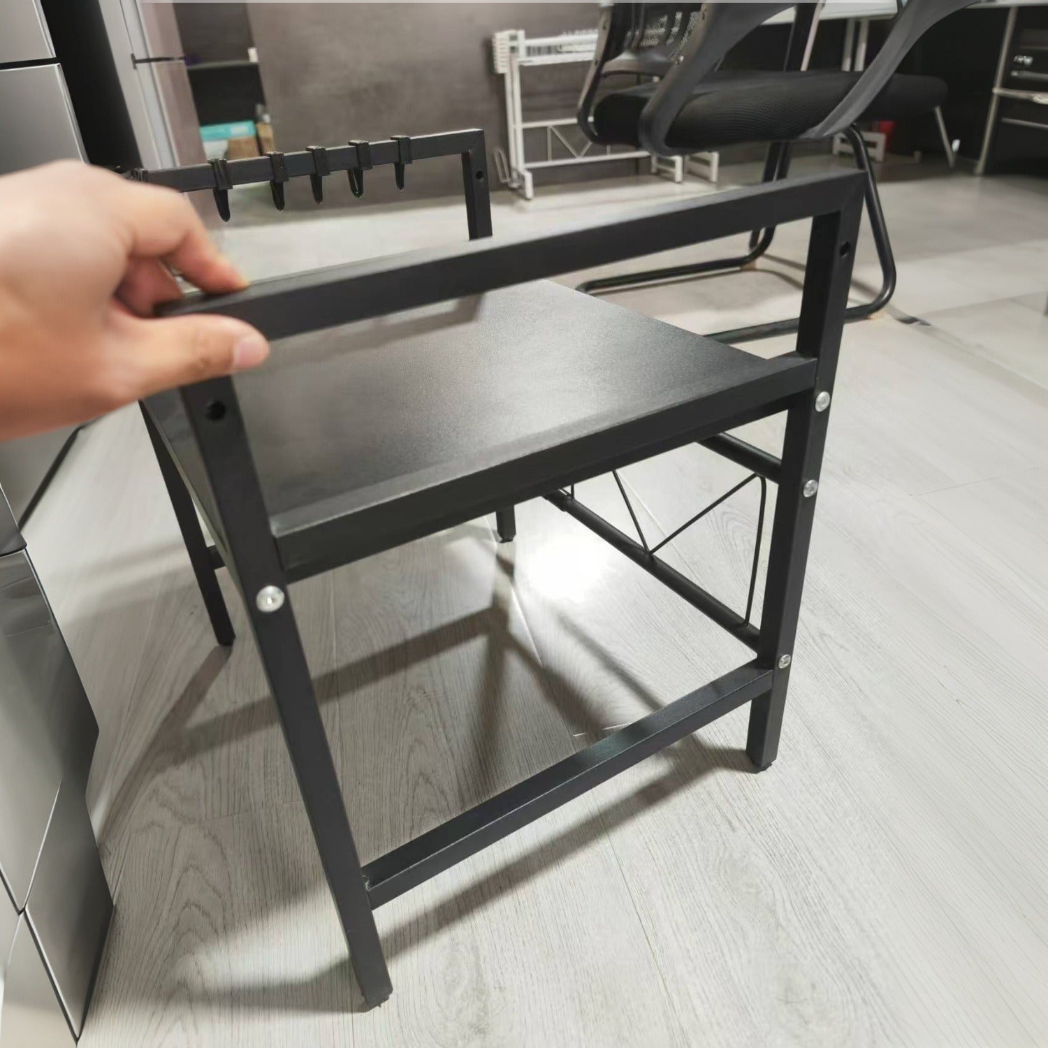 Compact black countertop microwave stand with two tiers, 6 hooks, durable metal