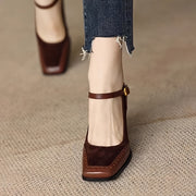 Women's Black Vintage Square Toe Pumps with Ankle Strap and Chunky Heels