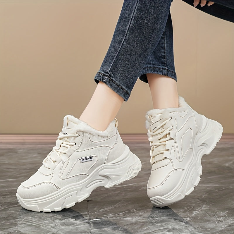 Women's Faux Fur Lined Mid-Top Sneakers with Rubber Sole for Cold Weather