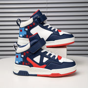 Bolalar uchun yuqori to'plamli krossovkalar, yopishqoq yopish bilan, barcha mavsumlar uchun nafas oladigan va qulay, zamonaviy geometrik naqsh bilan.