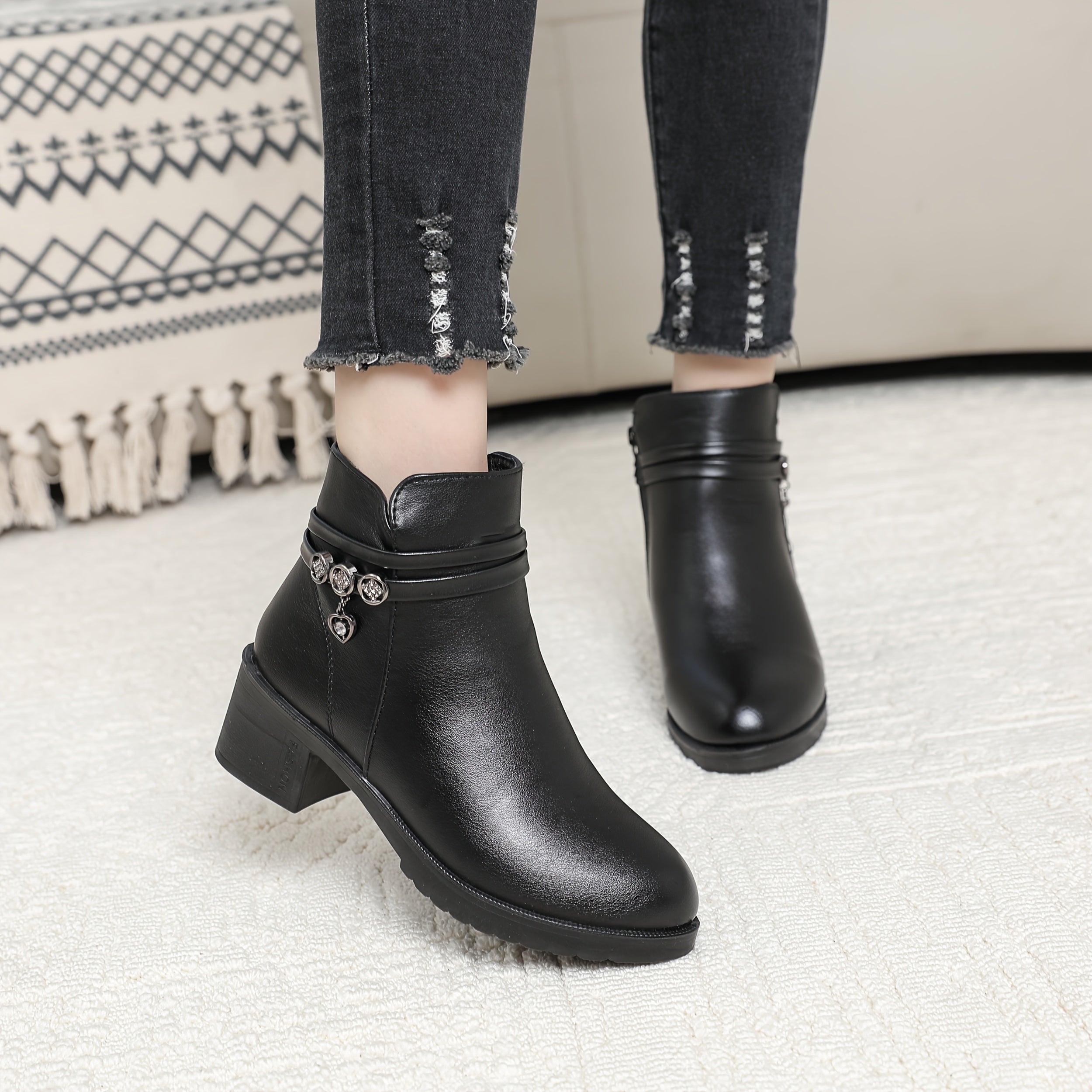 Women's Faux Leather Ankle Boots with Chunky Heel Side Zipper Non-Slip Sole
