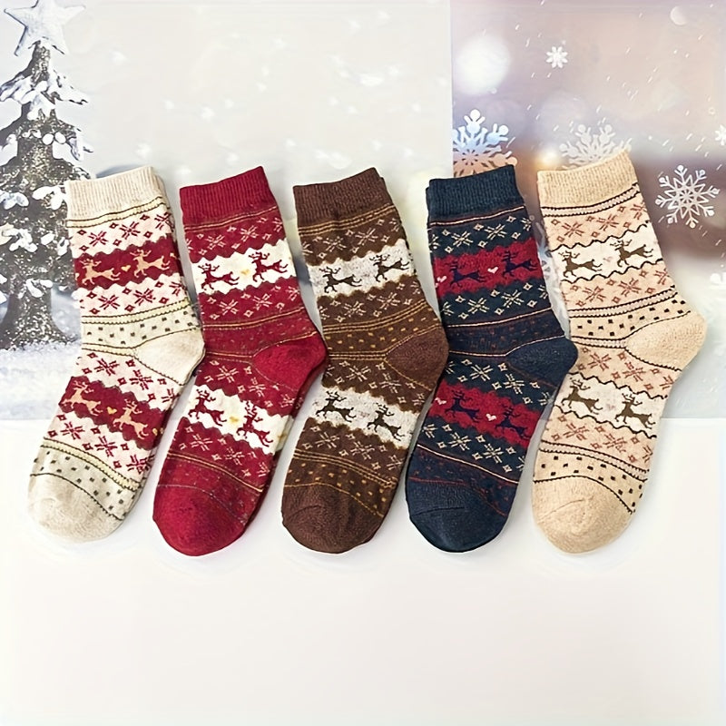 Women's Christmas Reindeer Snowflake Cozy Thick Socks Set of 3 in Mixed Colors