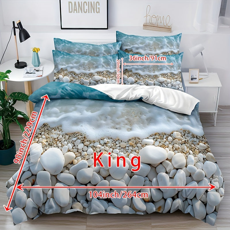 Conjunto de ropa de cama de 3 piezas con patrón de mármol azul y blanco, funda de edredón de poliéster y fundas de almohada