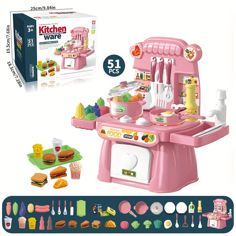 Pink Kids Play Kitchen Set for Ages 3 Plus with Realistic Food and Sink Educational Toy