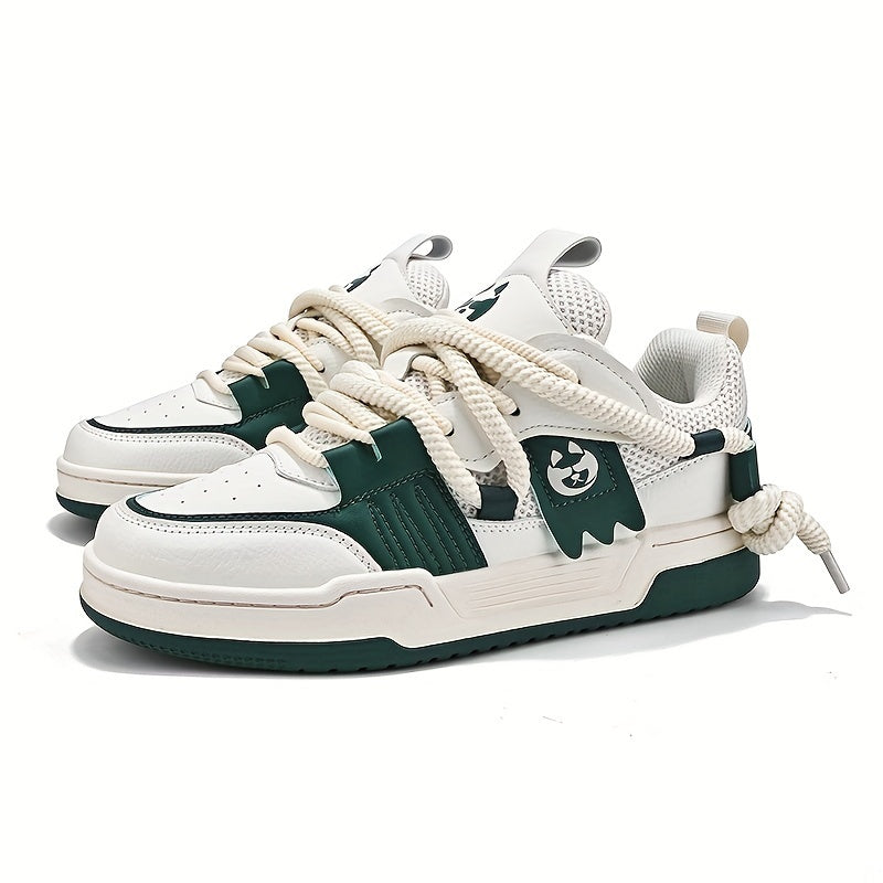 Men's All-Season Casual Sneakers with Solid Color and Cartoon Pattern Breathable Faux Upper Low Top Lace-Up Rubber Sole