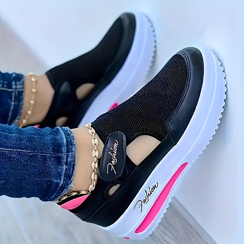 Women's Breathable Knit Sneakers Low Top Outdoor Shoes with Fastener in Pink Blue Black