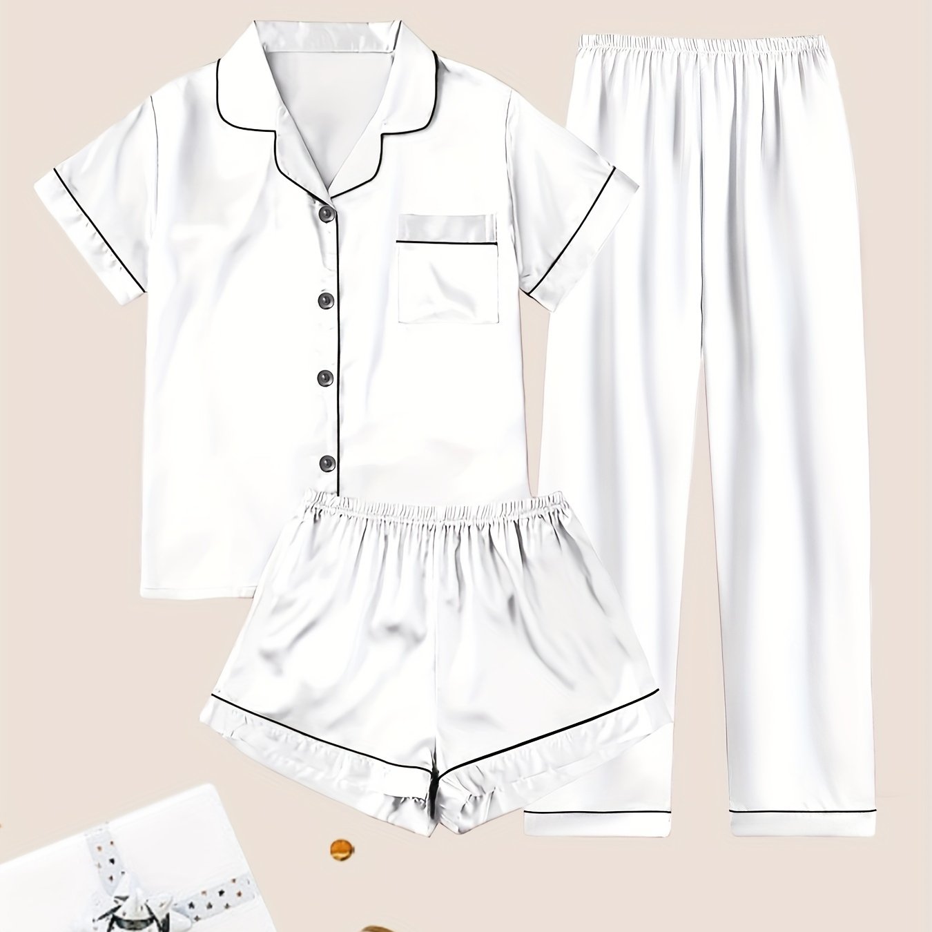 Women's Satin Pajama Set Short Sleeve Button Top Shorts or Pants Casual Sleepwear