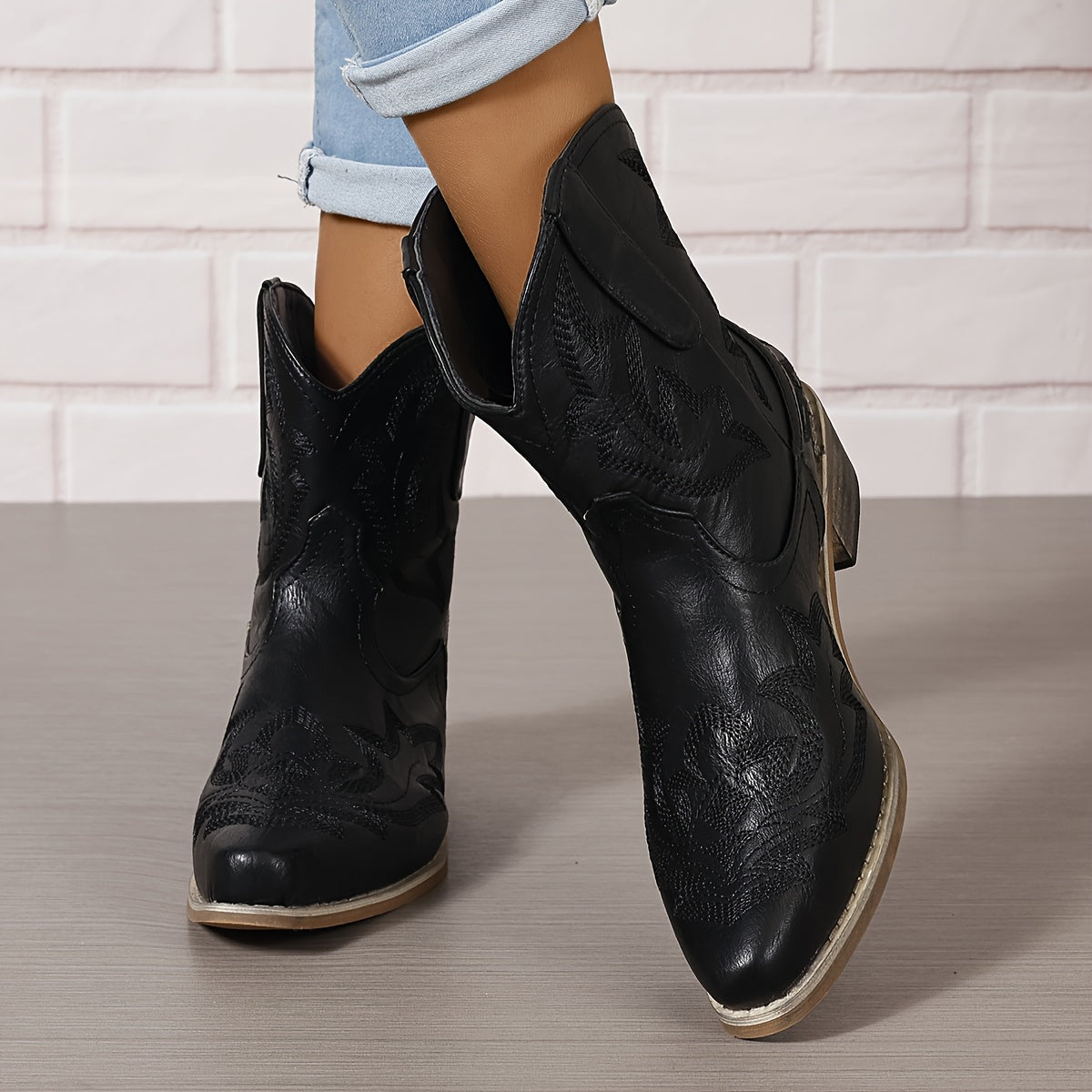 Women's Turquoise Embroidered Ankle Boots Faux Cover Pointed Toe Slip-On Chunky Mid Heel