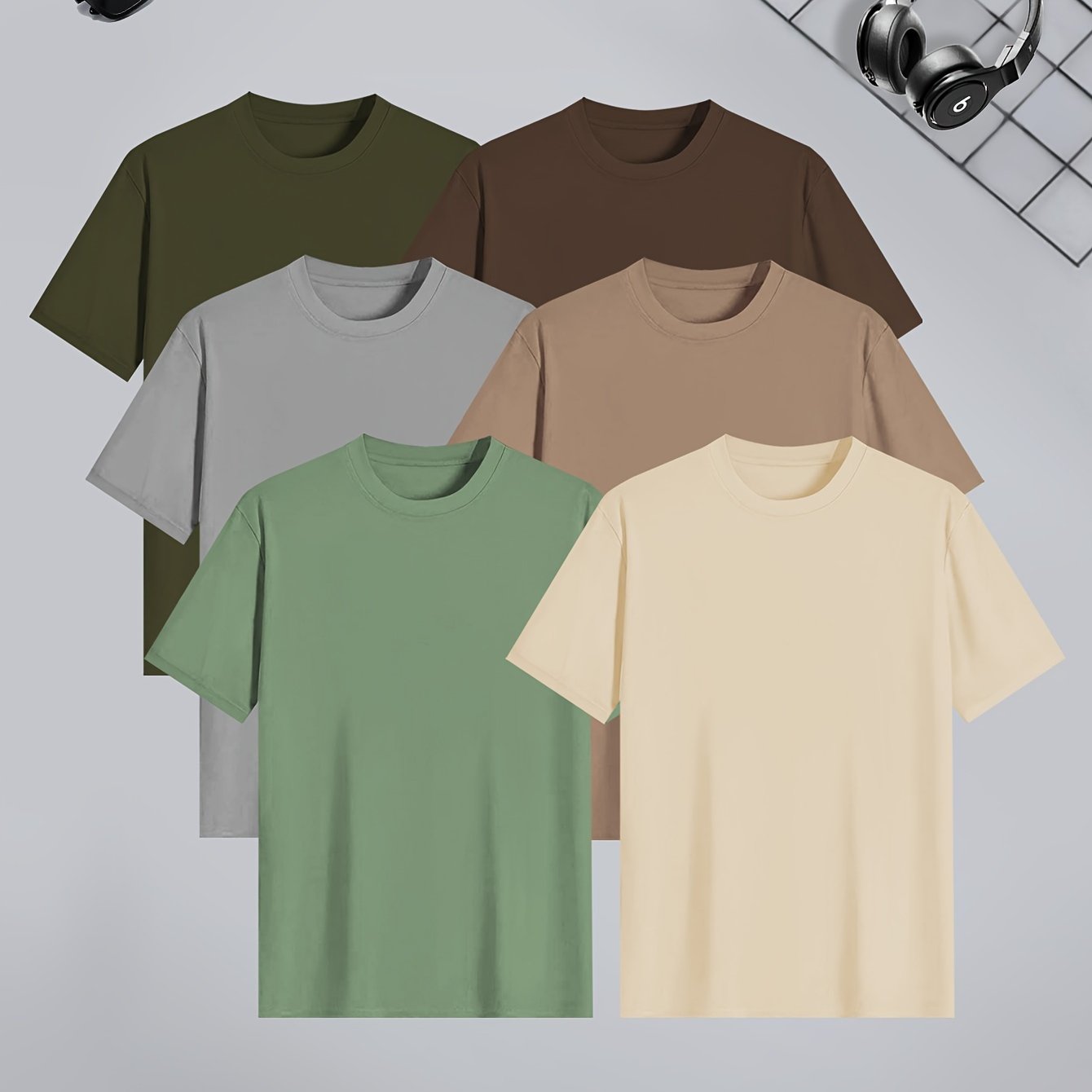 Conjunto de 6 camisetas de manga corta de color sólido para hombre, poliéster, ropa casual