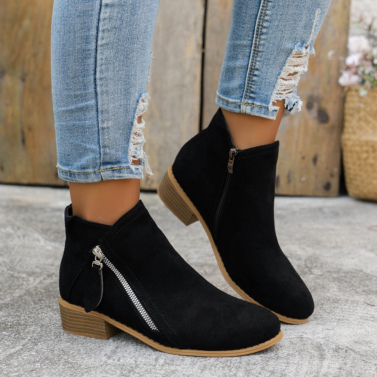 Women's Fashion Ankle Boots Solid Color Mid Heel Casual Slip-Ons