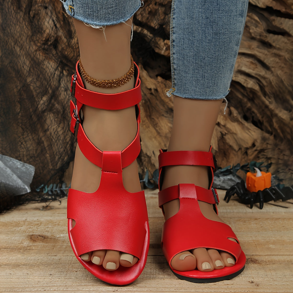 Women's Ankle Buckle Sandals Hollow Out Flat Beach Shoes