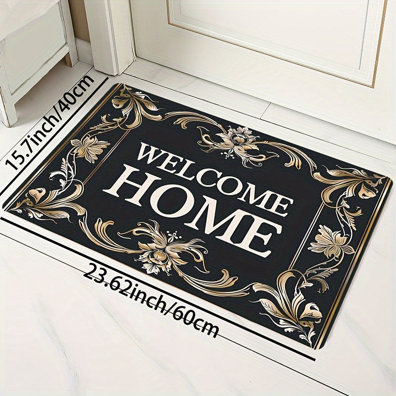 Super Soft Thick Square Carpet Rug with Golden Floral Lace Welcome Pattern Indoor Floor Mat