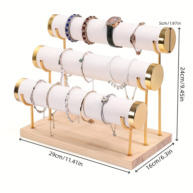 Stylish 3-Tier Jewelry Display Stand in Gold Tone with Wooden Base for Watches and Accessories