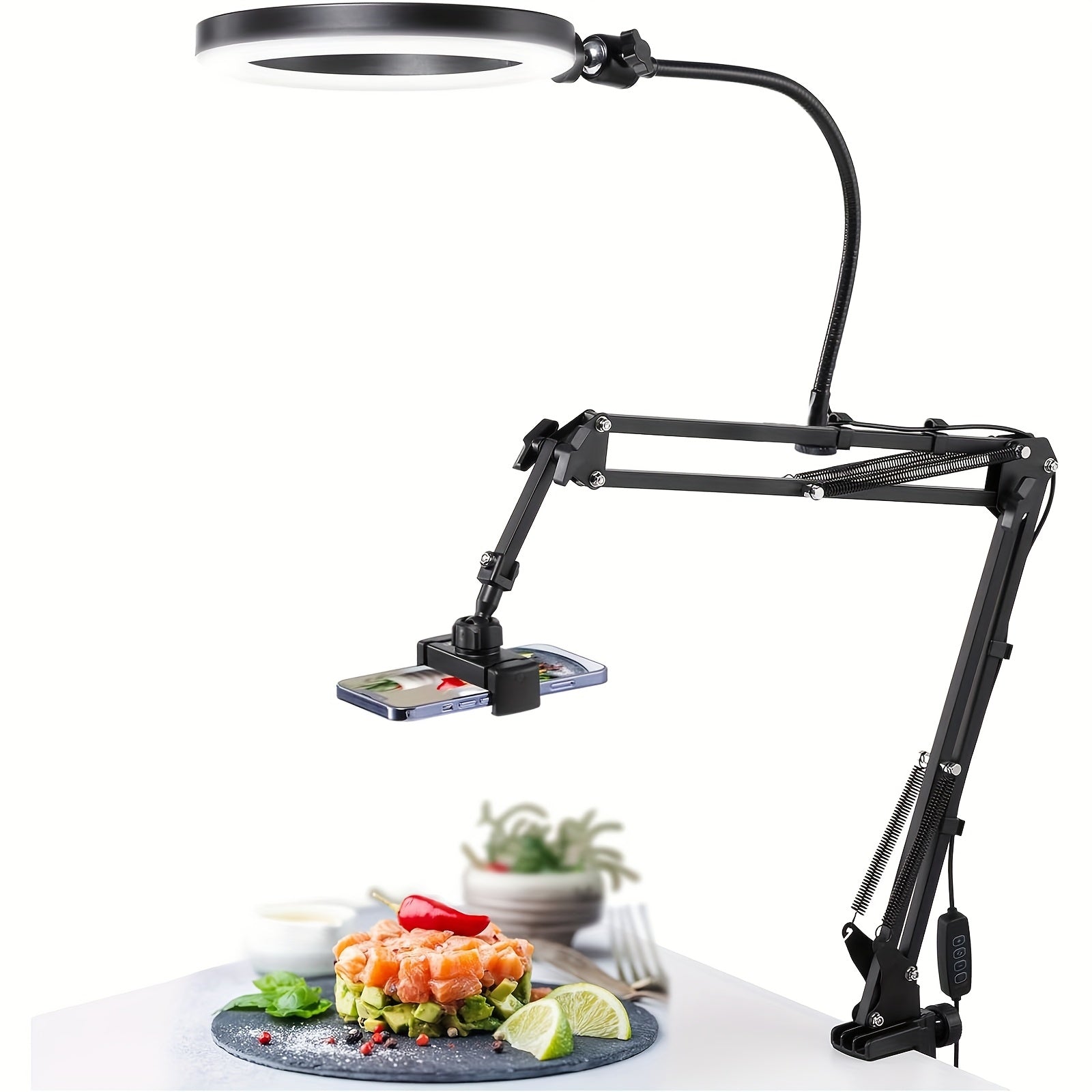 Алюминиовая подставка для телефона с кольцевым светом, крепление сверху для прямых эфиров, кулинарии, рисования, маникюра, черный