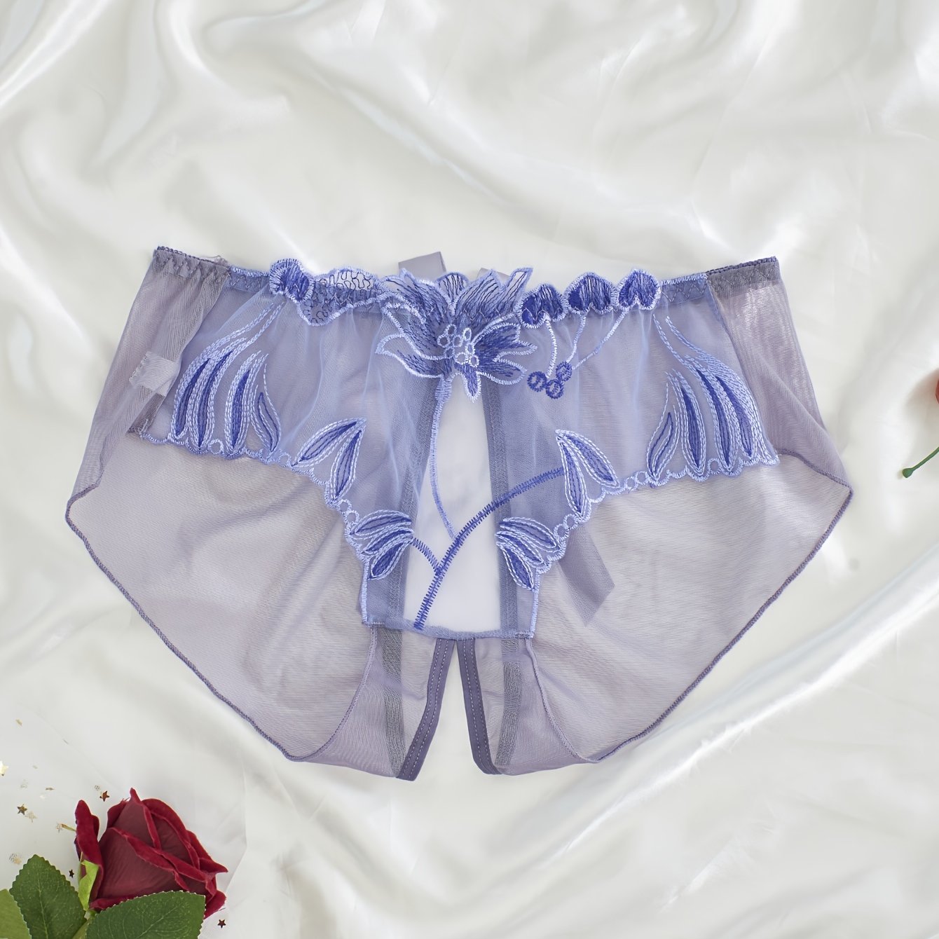 Women's Light Purple Lace Mesh Panties with Floral Embroidery and Open Crotch