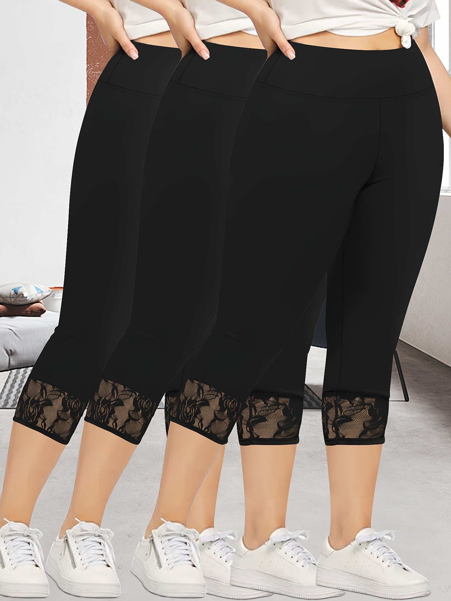 Women's High Waist Floral Lace Leggings Pack, Spring Summer Large