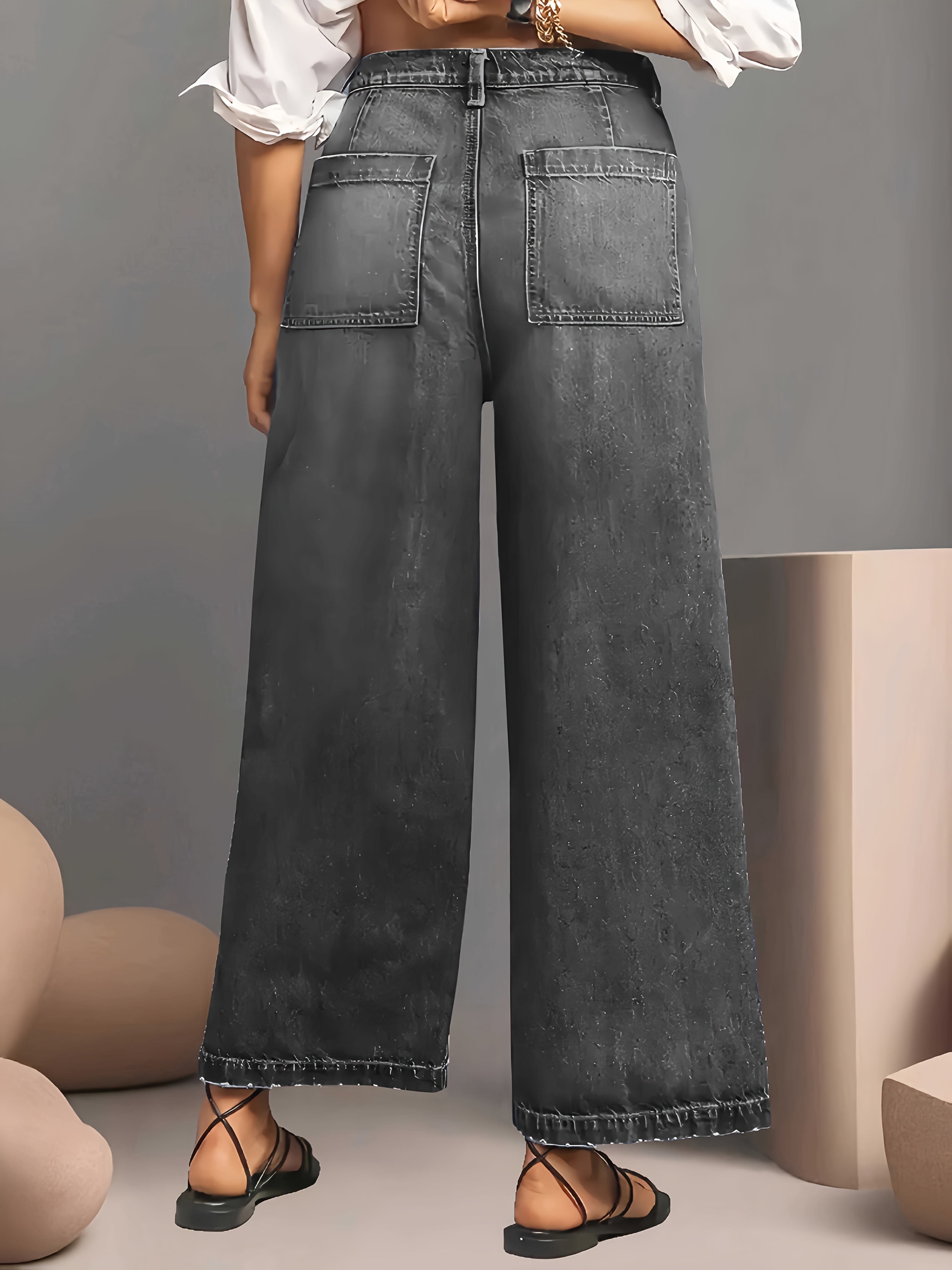 Женские джинсы с широкими растянутыми штанинами в винтажном стиле, выстиранный деним, с эффектом потертости, повседневные