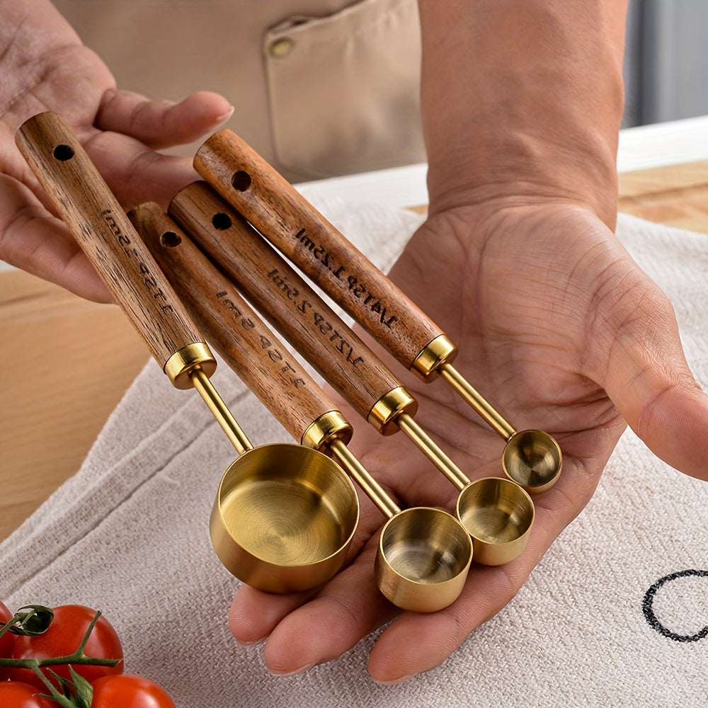 Set of 4 Stainless Steel Measuring Spoons with Wooden Handles for Baking and Cooking