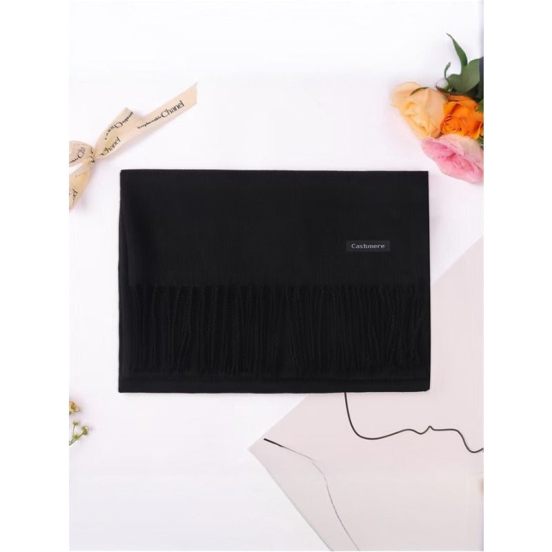 Cashmere-Feel Boho Tassel Scarf for Fall Winter Solid Colors Windproof Stylish