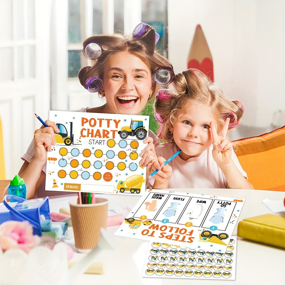 Potty Training Chart for Kids with Stickers and Step-by-Step Instructions, Construction Truck Design