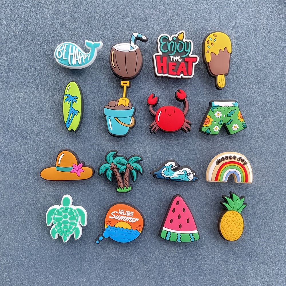 16pcs Summer Beach Shoe Charms PVC Turtle Palm Tree Fruit Sneakers Sandals